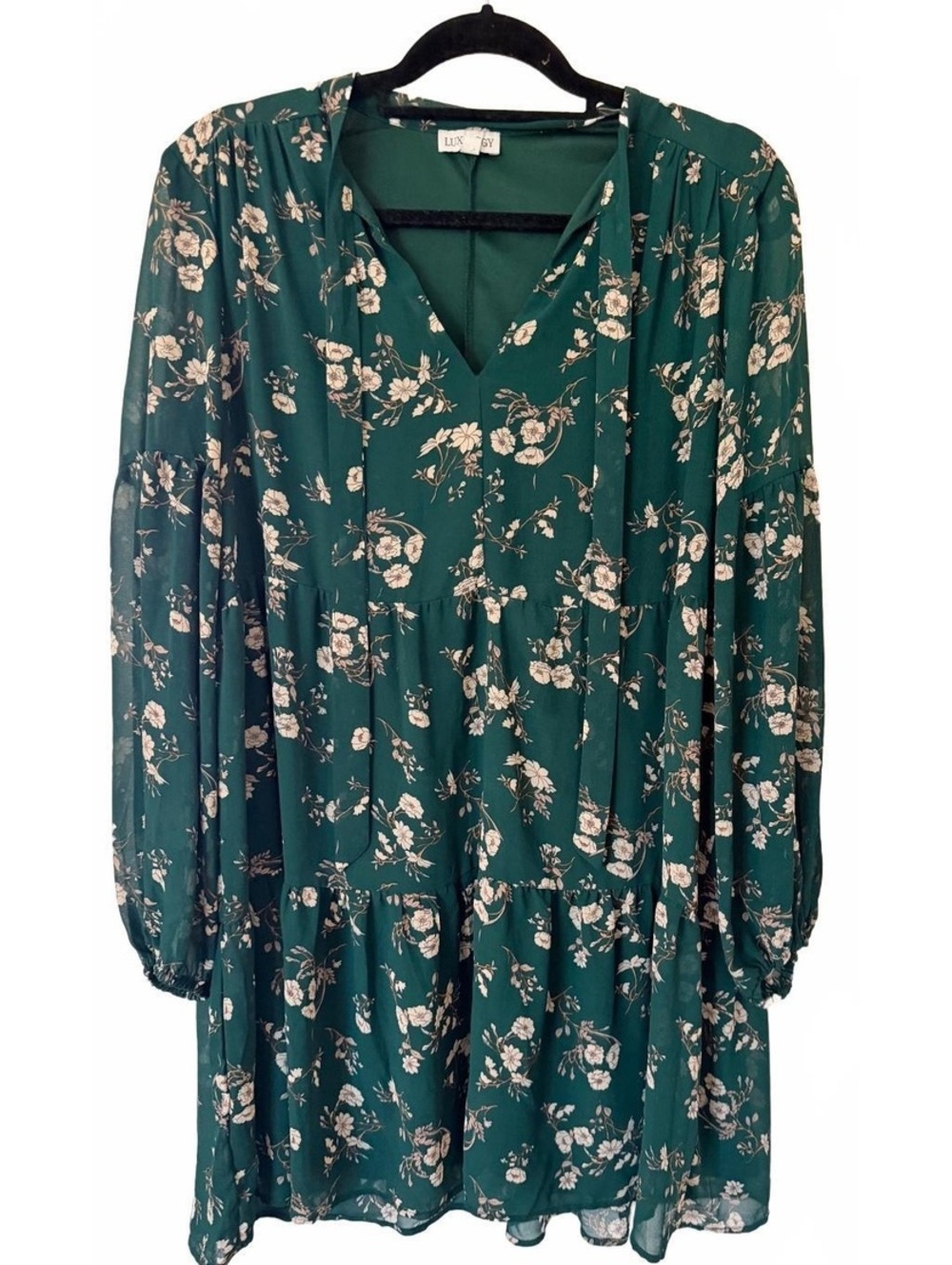 Cottagecore Green Floral Tiered Mini Dress Boho, whimsy, Size L